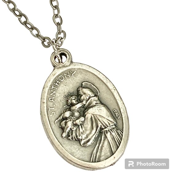 Vintage Saint Anthony Francis Medal Pendant Necklace Italy 24" Stainless Chain - Picture 4 of 15